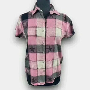 Adore Rose Women's Western Plaid Button Up Shirt M Pink Star Horse